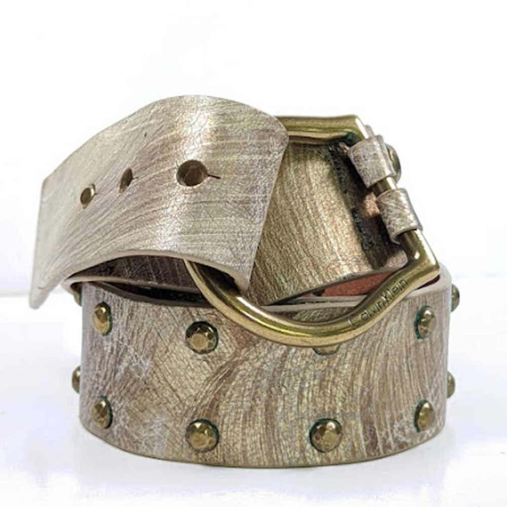 Y2K 2000s Calvin Klein Gold Metallic Leather Studded Statement Belt